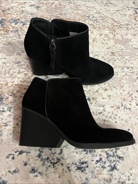 Toms Black Suede Ankle Booties with Block Heel